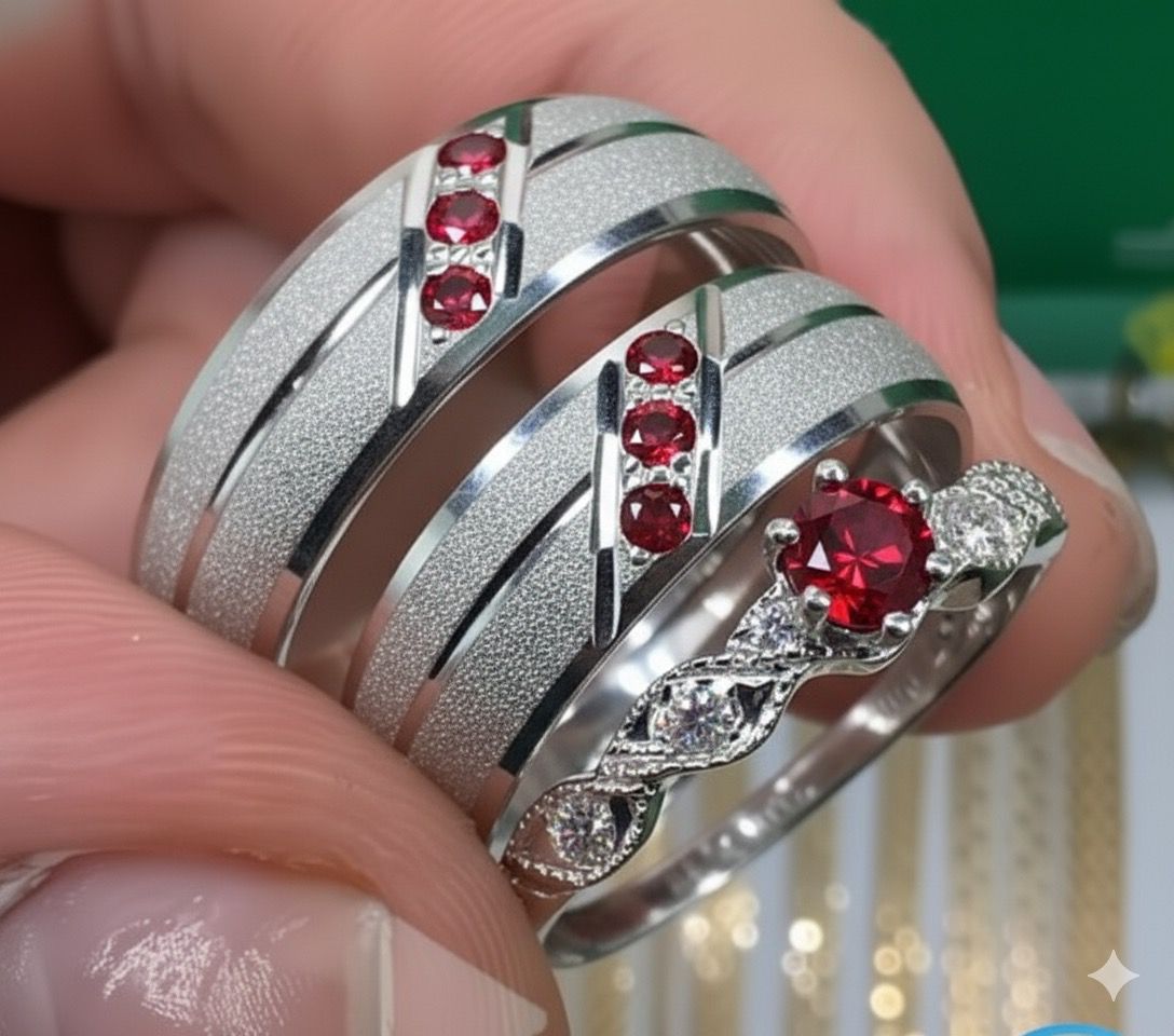 SET DE ARGOLLAS DE MATRIMONIO CON ANILLO DE COMPROMISO DIAMANTADO REF 5662