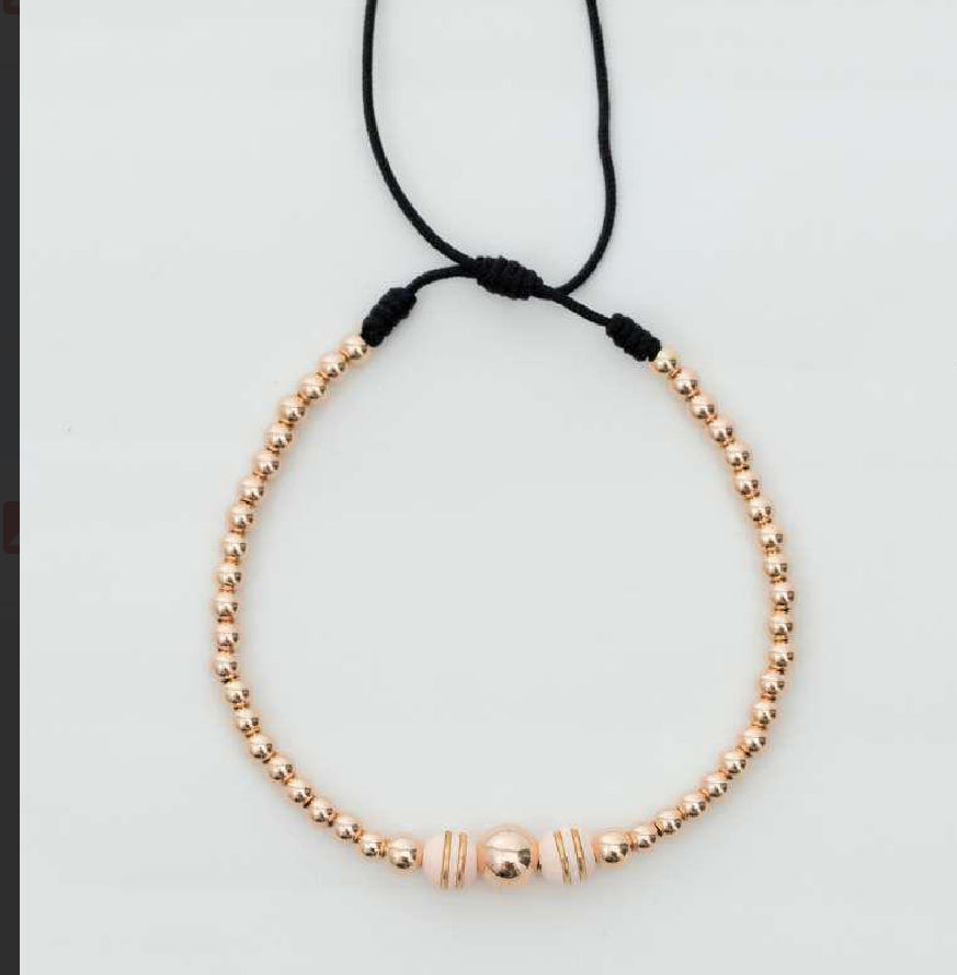 Pulsera tejida oro rosa con balín #6 #4 #3 y neopreno doble cinta