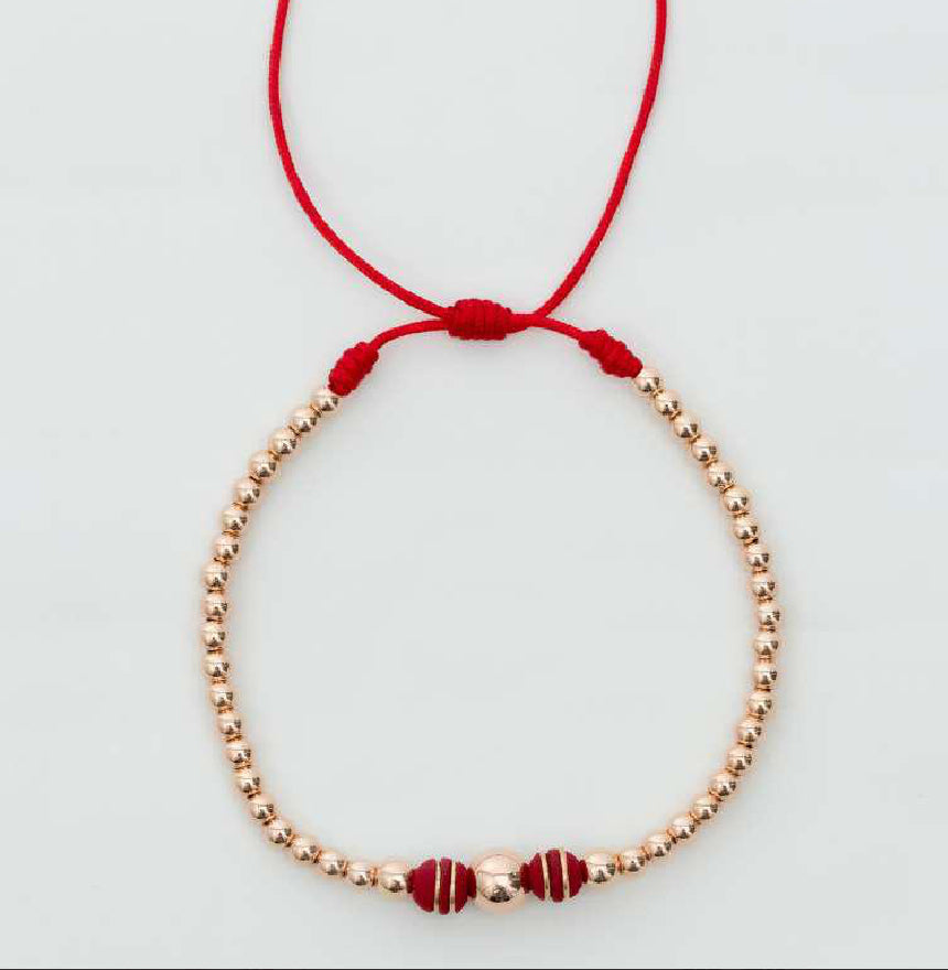 Pulsera tejida oro rosa con balín #6 #4 #3 y neopreno doble cinta