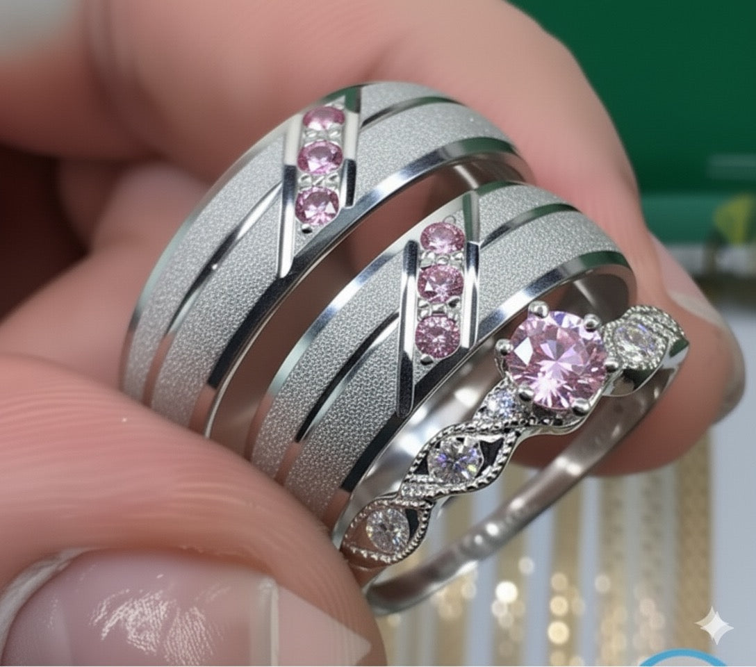 SET DE ARGOLLAS DE MATRIMONIO CON ANILLO DE COMPROMISO DIAMANTADO REF 5662