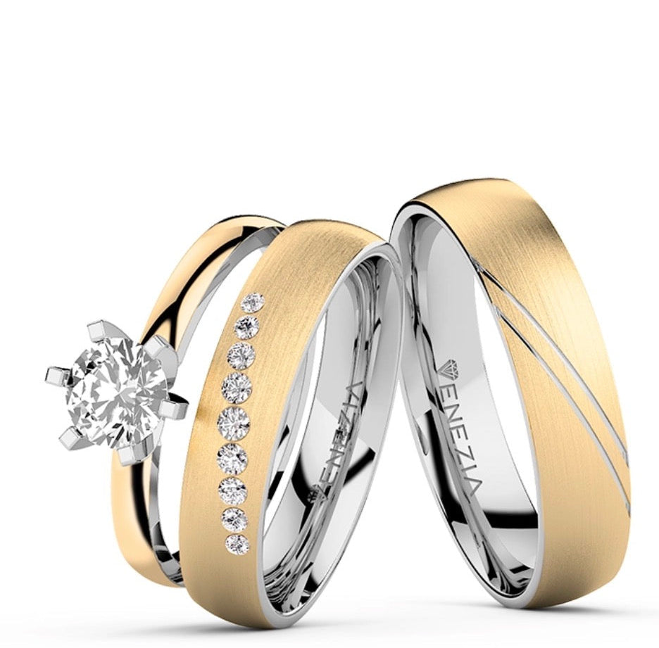 SET DE ARGOLLAS Y ANILLO DE COMPROMISO ETERNA PROMESA PLATA Y ORO 18k REF 7050