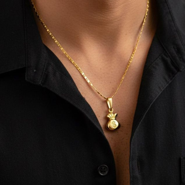 CONJUNTO DE CADENA DE HOMBRE ESCALERA PLANA CON DIJE BOLSA DE DINERO