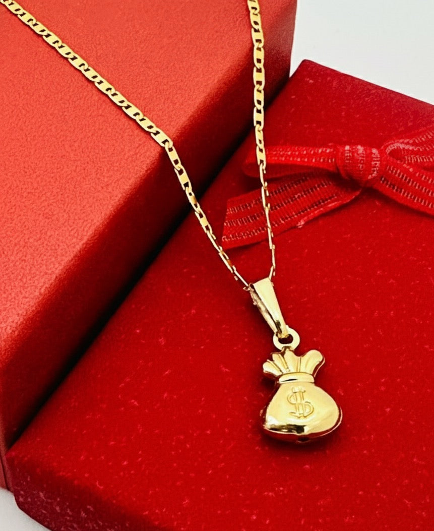 CONJUNTO DE CADENA DE HOMBRE ESCALERA PLANA CON DIJE BOLSA DE DINERO