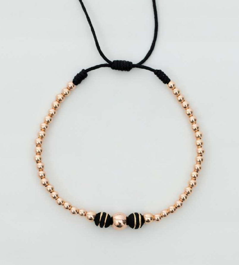 Pulsera tejida oro rosa con balín #6 #4 #3 y neopreno doble cinta