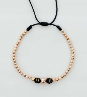 Pulsera tejida oro rosa con balín #6 #4 #3 y neopreno doble cinta