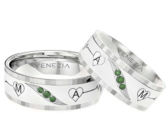 Argollas mate electrocardiograma superficial e iniciales zircon suizo verde esmeralda