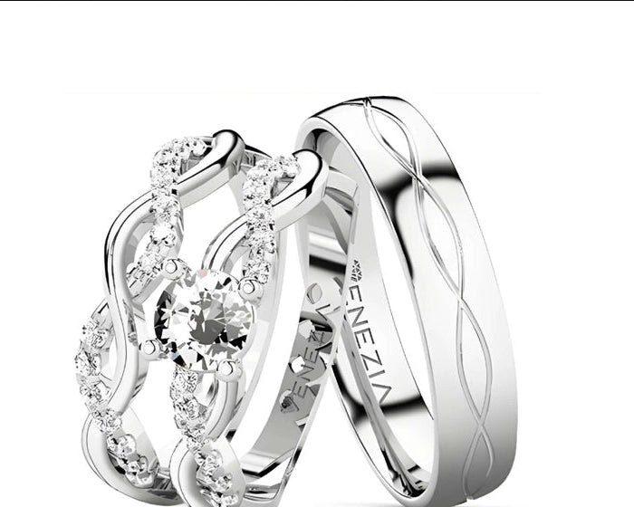 Set de argollas liso brillante con diseño en trenza circon suizo blanco