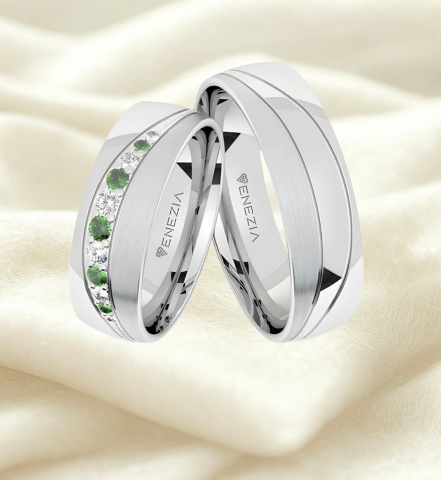 Argollas satinado y liso brillante zircon suizo verde Esmeralda y blanco
