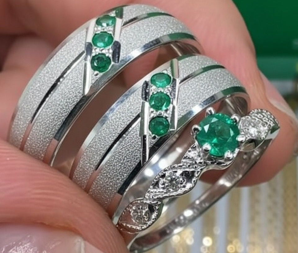 SET DE ARGOLLAS DE MATRIMONIO CON ANILLO DE COMPROMISO DIAMANTADO REF 5662